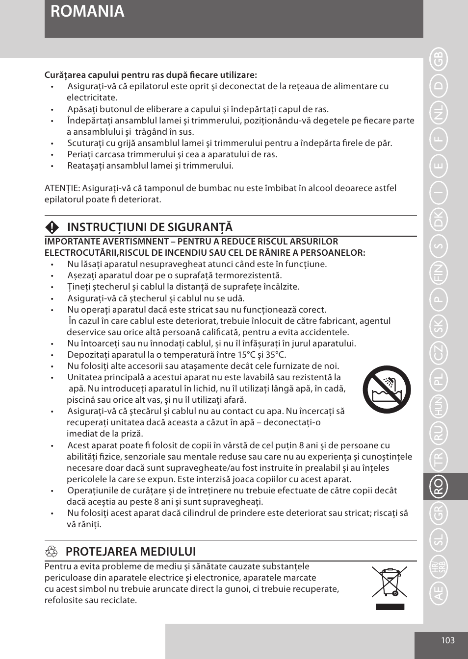 Romania, Finstrucţiuni de siguranţă, Hprotejarea mediului | Remington EP7020 User Manual | Page 103 / 132