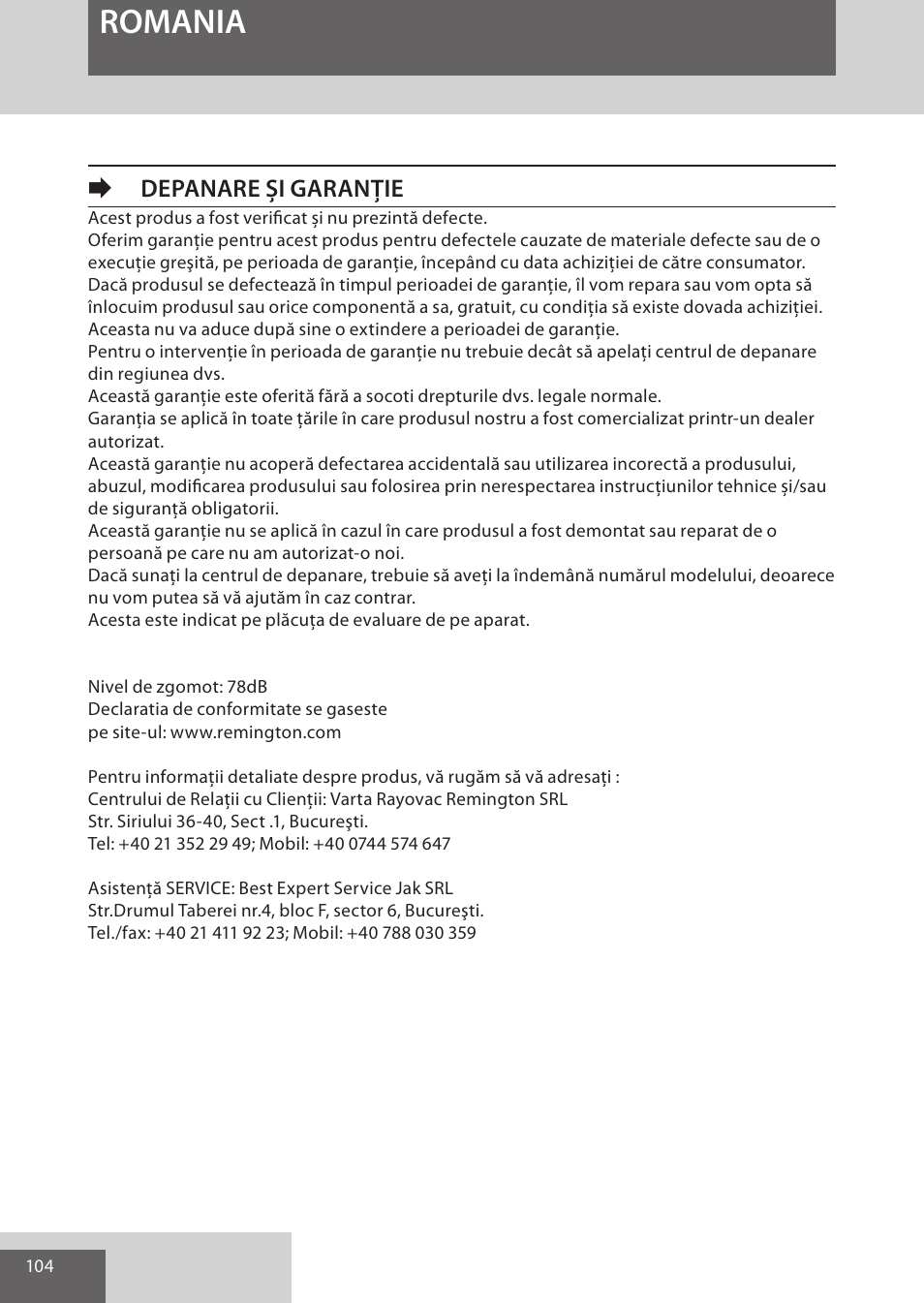 Romania, Edepanare și garanție | Remington EP7020 User Manual | Page 104 / 132