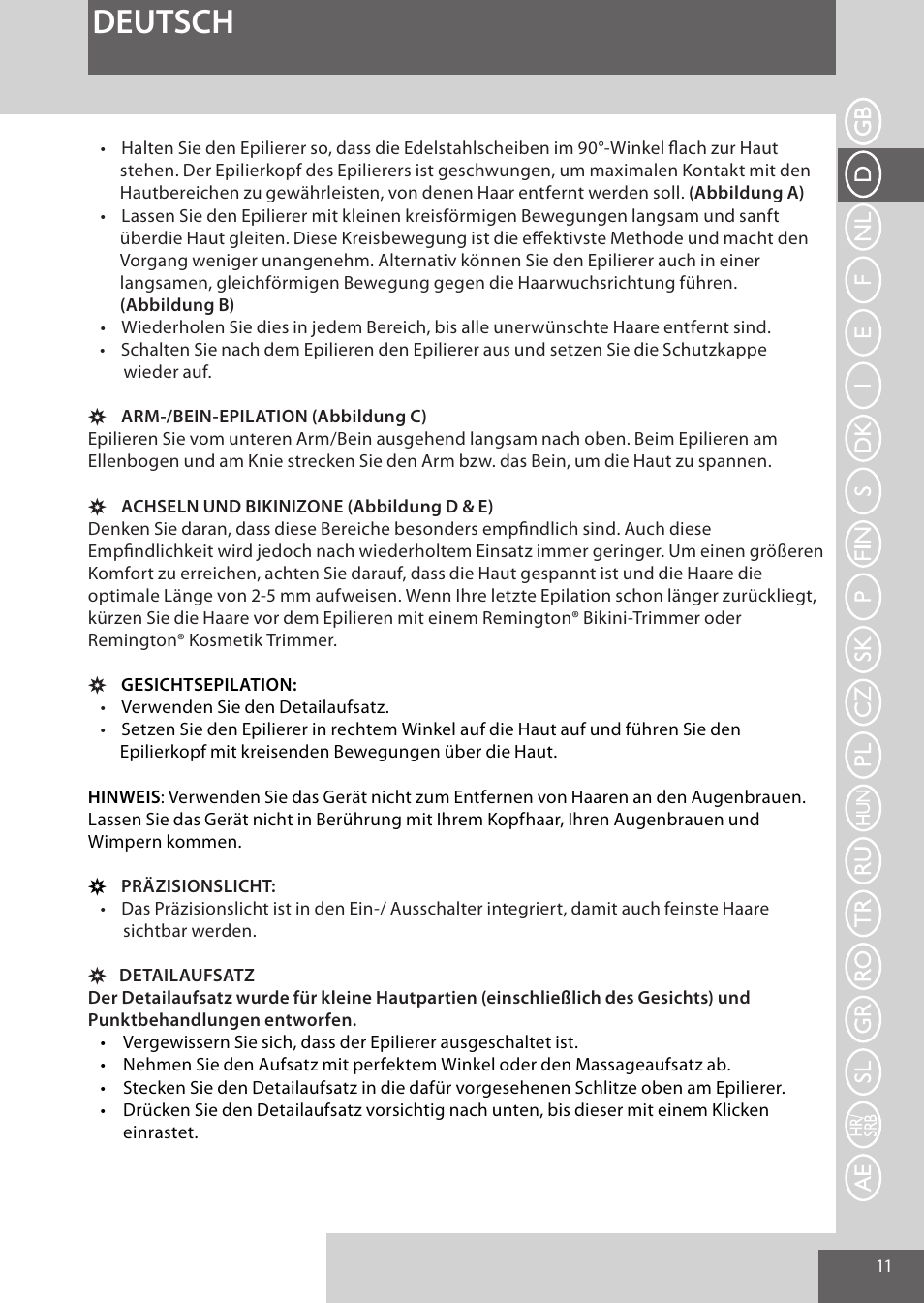 Deutsch | Remington EP7020 User Manual | Page 11 / 132