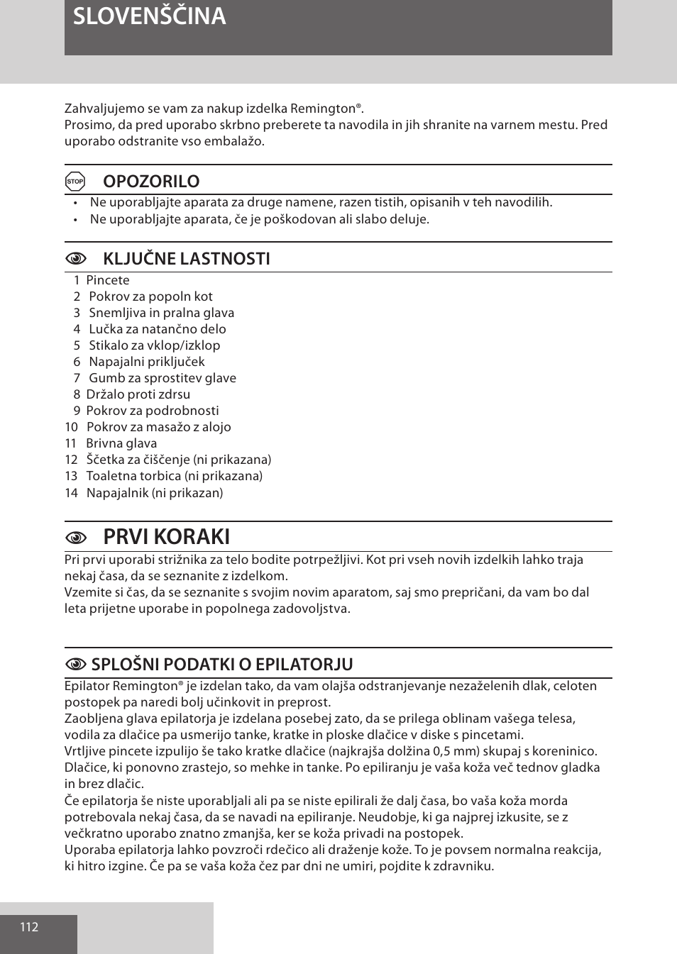 Slovenščina, Prvi koraki, Aopozorilo | Cključne lastnosti, Csplošni podatki o epilatorju | Remington EP7020 User Manual | Page 112 / 132