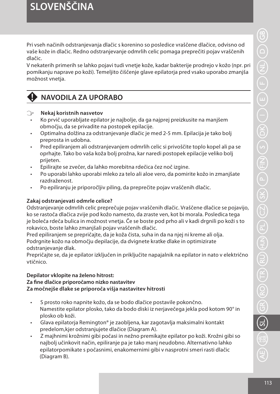 Slovenščina, Navodila za uporabo | Remington EP7020 User Manual | Page 113 / 132