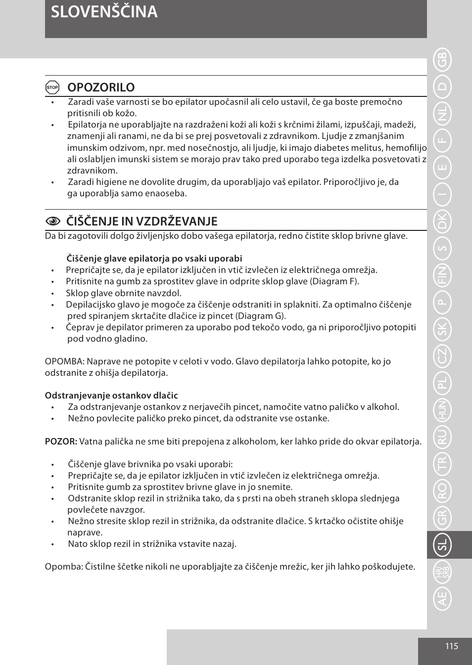 Slovenščina, Aopozorilo, Cčiščenje in vzdrževanje | Remington EP7020 User Manual | Page 115 / 132