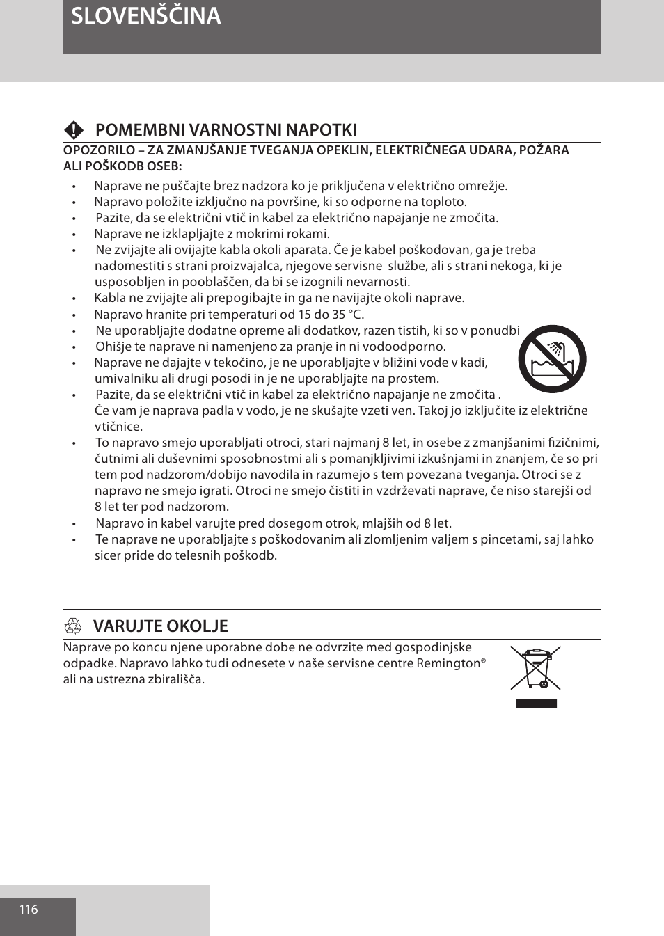 Slovenščina, Fpomembni varnostni napotki, Hvarujte okolje | Remington EP7020 User Manual | Page 116 / 132