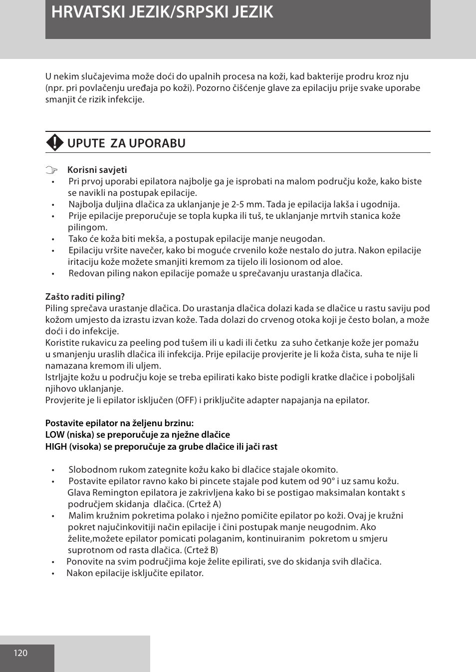 Hrvatski jezik/srpski jezik, Upute za uporabu | Remington EP7020 User Manual | Page 120 / 132