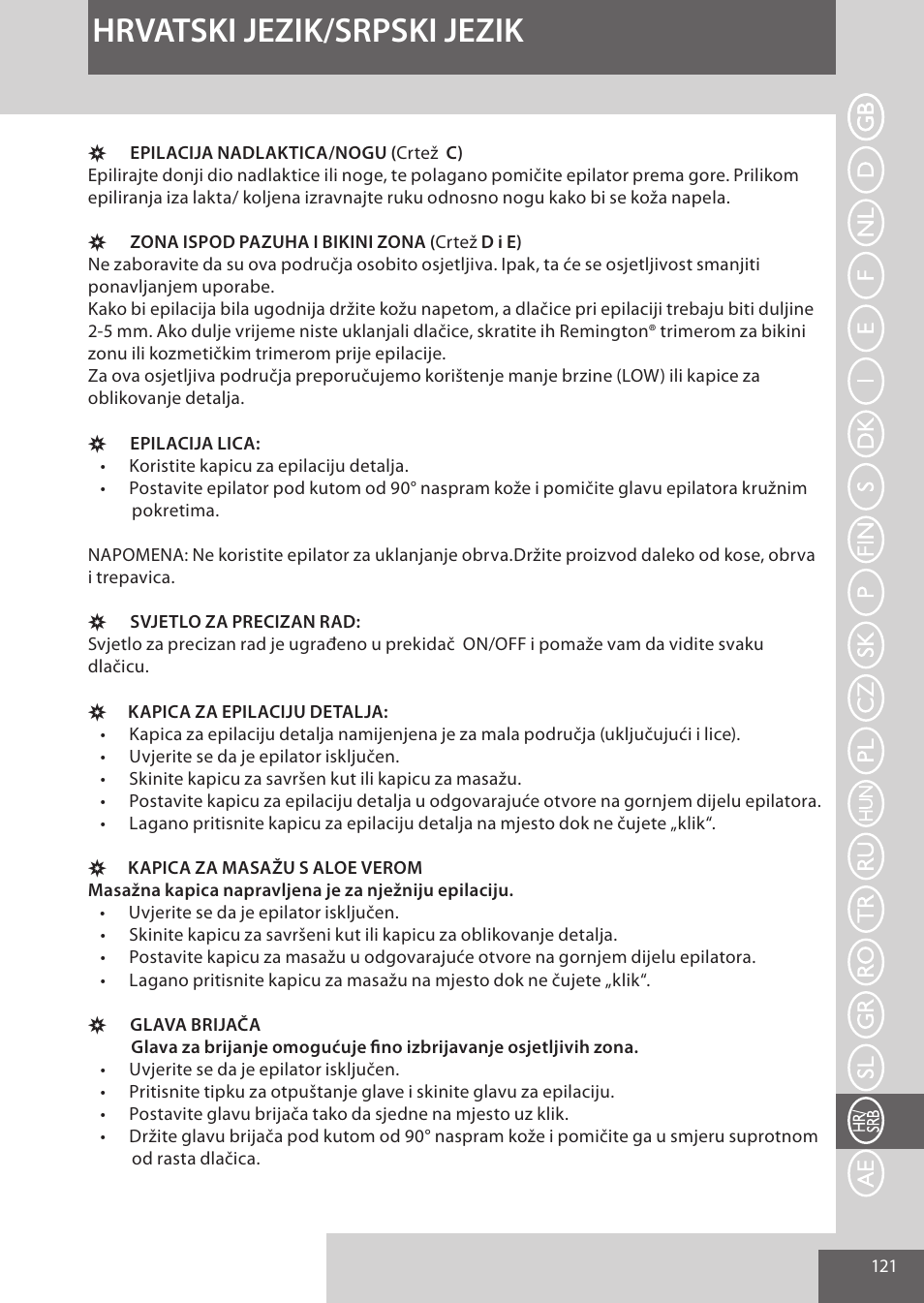 Hrvatski jezik/srpski jezik | Remington EP7020 User Manual | Page 121 / 132