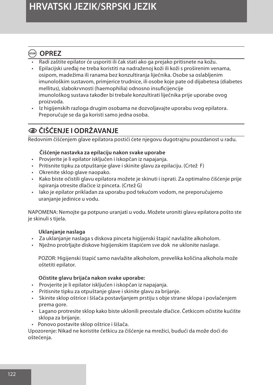 Hrvatski jezik/srpski jezik, Aoprez, Cčišćenje i održavanje | Remington EP7020 User Manual | Page 122 / 132