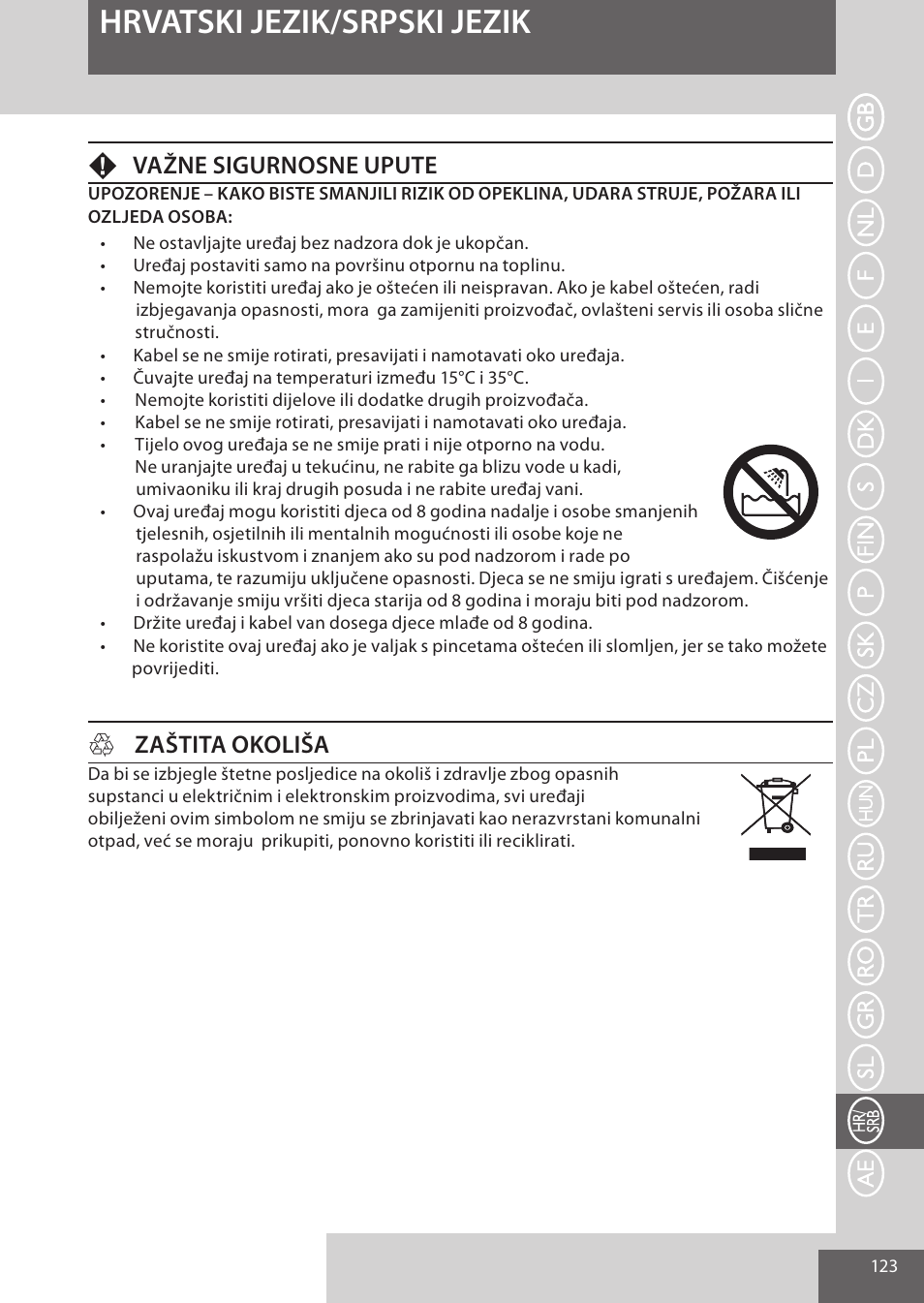 Hrvatski jezik/srpski jezik, Fvažne sigurnosne upute, Hzaštita okoliša | Remington EP7020 User Manual | Page 123 / 132