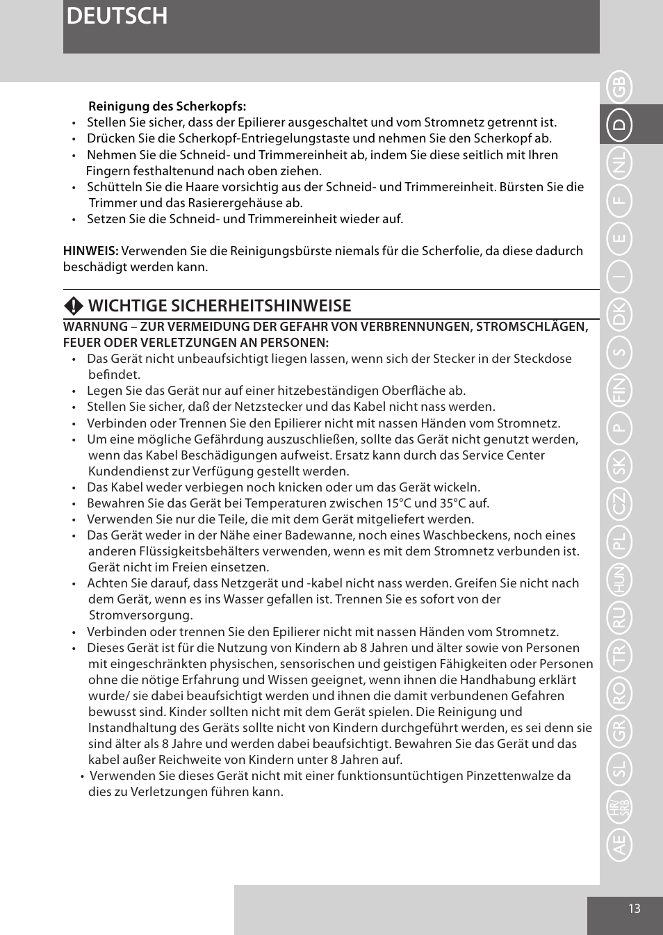Deutsch, Fwichtige sicherheitshinweise | Remington EP7020 User Manual | Page 13 / 132