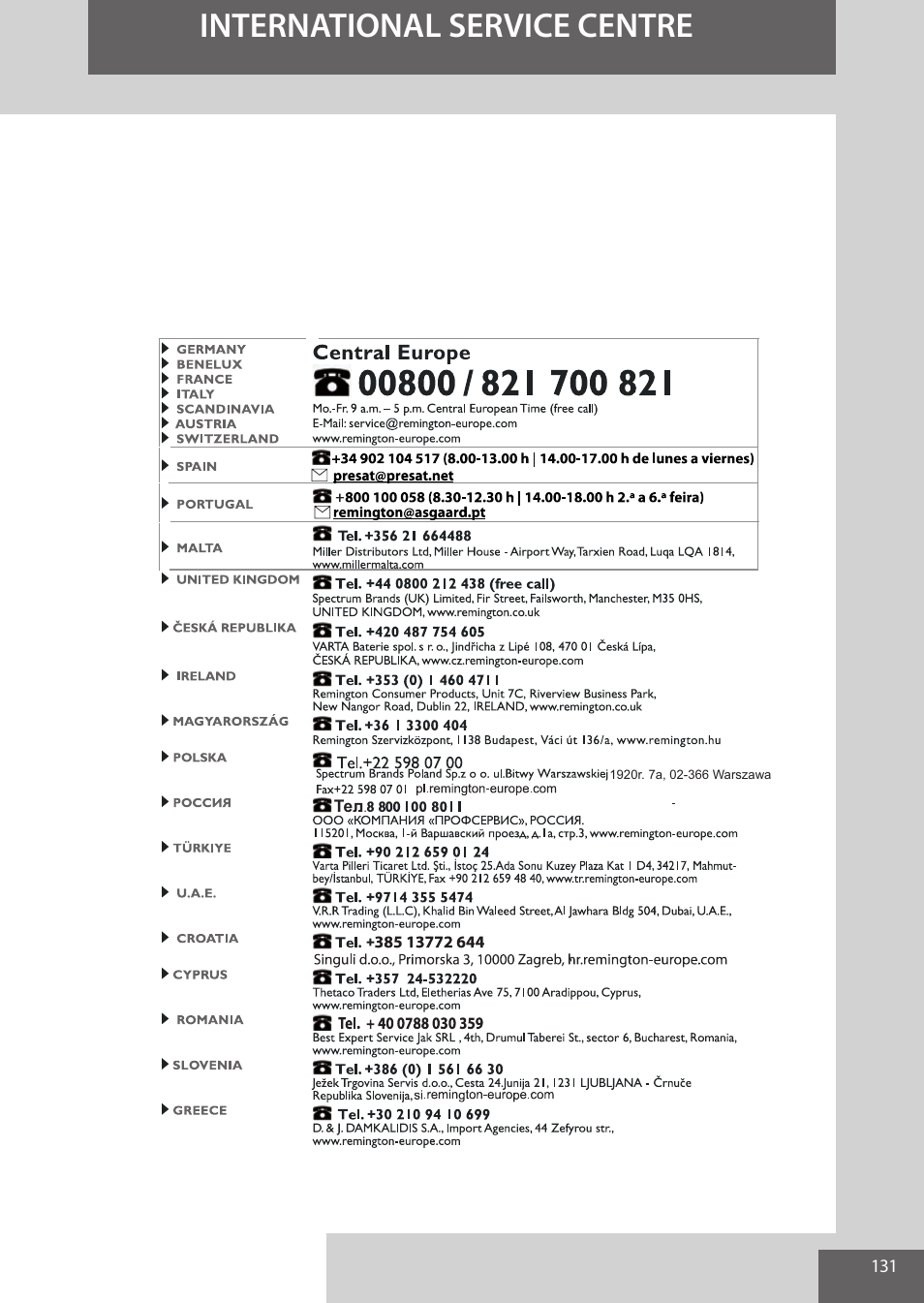 International service centre | Remington EP7020 User Manual | Page 131 / 132