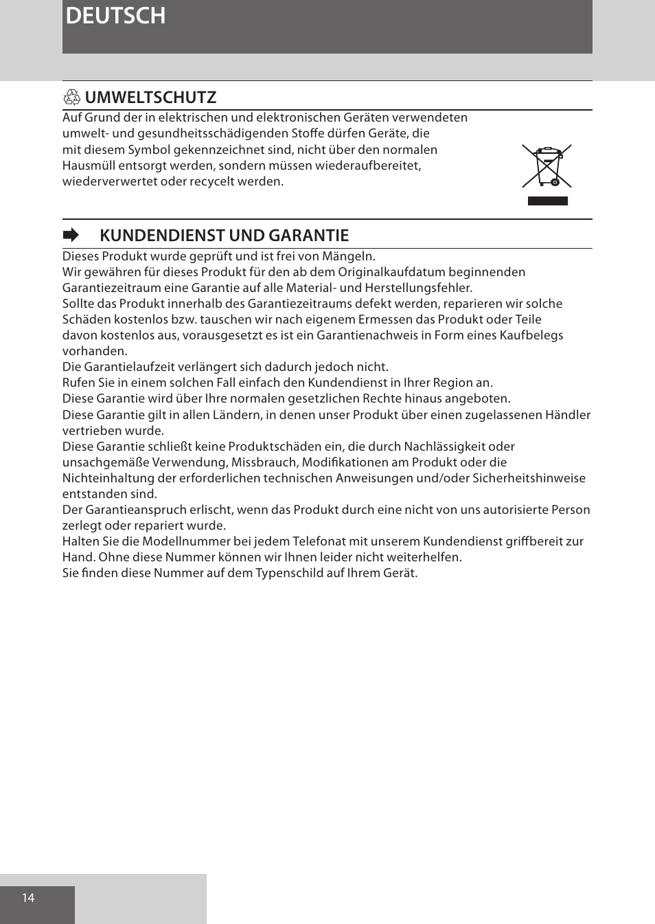 Deutsch, Humweltschutz, Ekundendienst und garantie | Remington EP7020 User Manual | Page 14 / 132