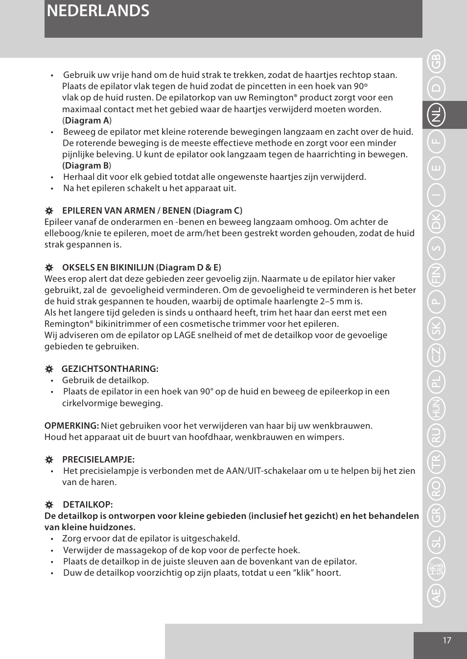 Nederlands | Remington EP7020 User Manual | Page 17 / 132