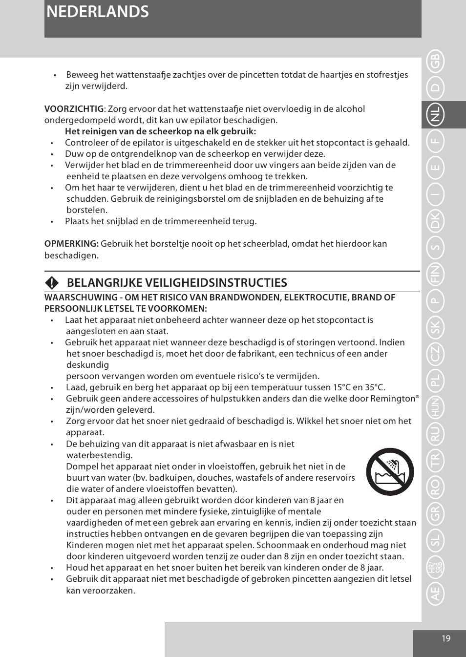 Nederlands, Fbelangrijke veiligheidsinstructies | Remington EP7020 User Manual | Page 19 / 132