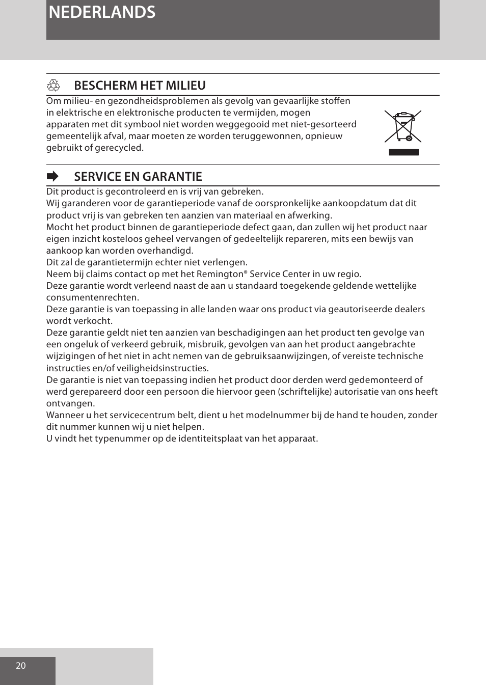 Nederlands, Hbescherm het milieu, Eservice en garantie | Remington EP7020 User Manual | Page 20 / 132
