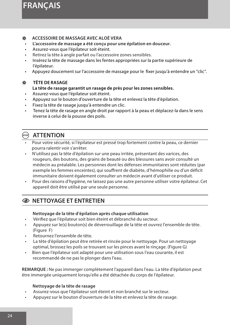 Français, Aattention, Cnettoyage et entretien | Remington EP7020 User Manual | Page 24 / 132