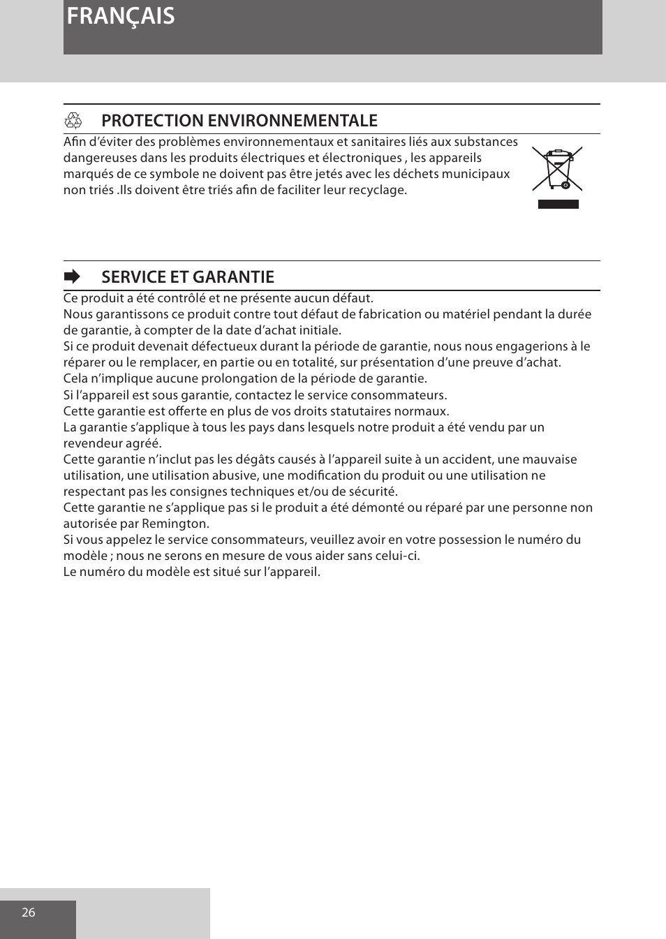 Français, Hprotection environnementale, Eservice et garantie | Remington EP7020 User Manual | Page 26 / 132