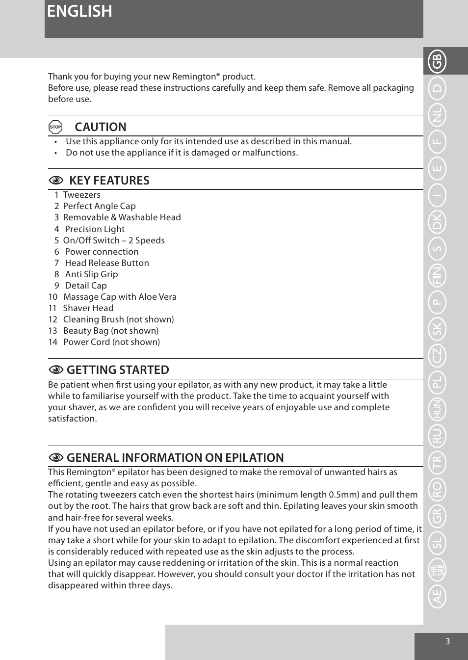 English, Acaution, Ckey features | Cgetting started, Cgeneral information on epilation | Remington EP7020 User Manual | Page 3 / 132
