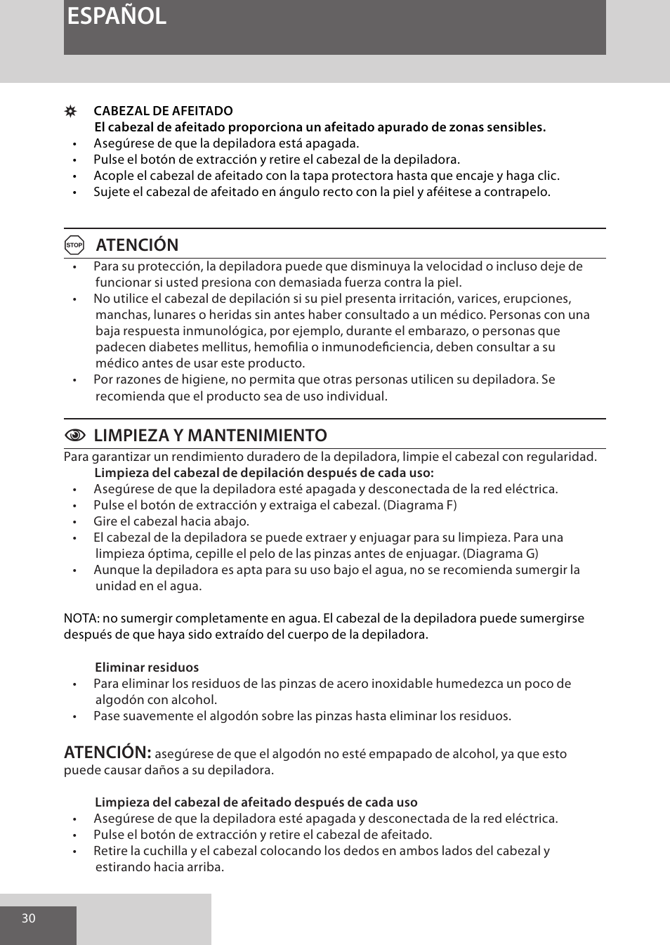 Español, Aatención, Climpieza y mantenimiento | Atención | Remington EP7020 User Manual | Page 30 / 132