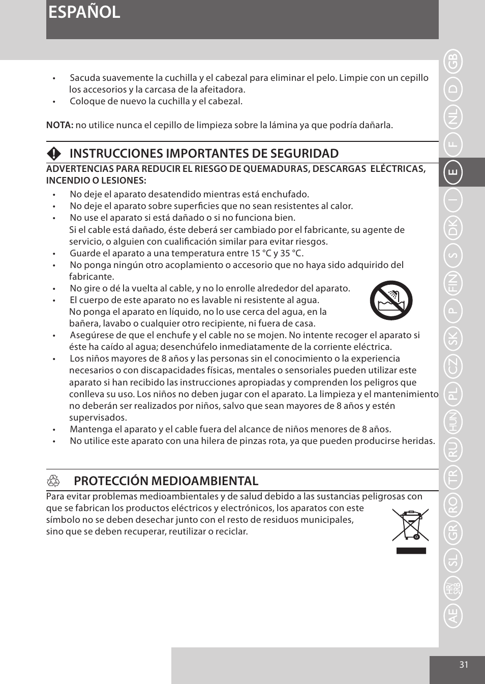 Español, Finstrucciones importantes de seguridad, Hprotección medioambiental | Remington EP7020 User Manual | Page 31 / 132