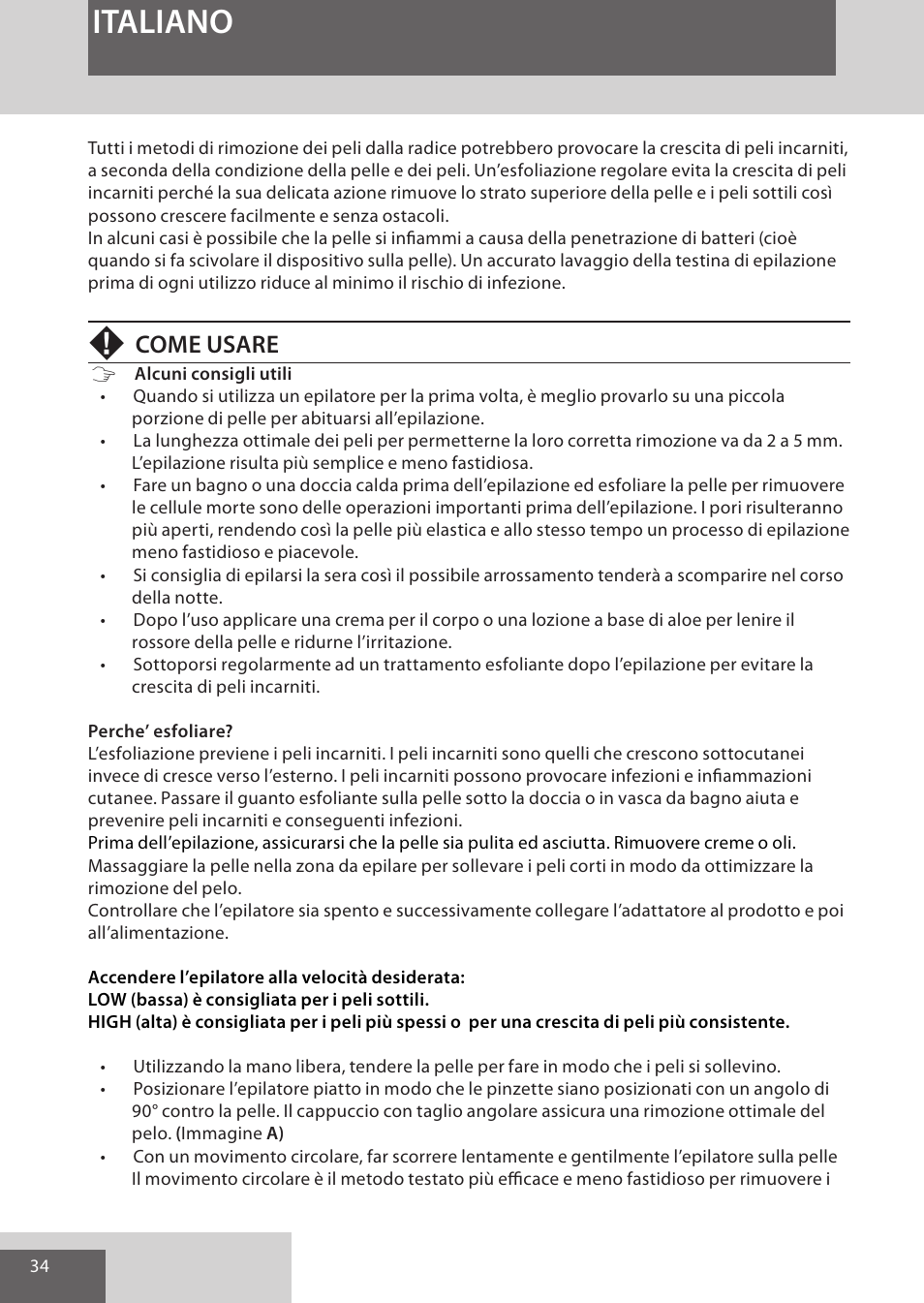 Italiano, Come usare | Remington EP7020 User Manual | Page 34 / 132