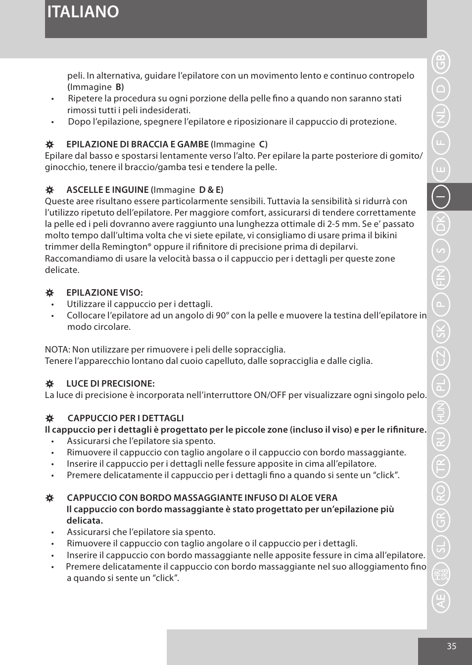 Italiano | Remington EP7020 User Manual | Page 35 / 132