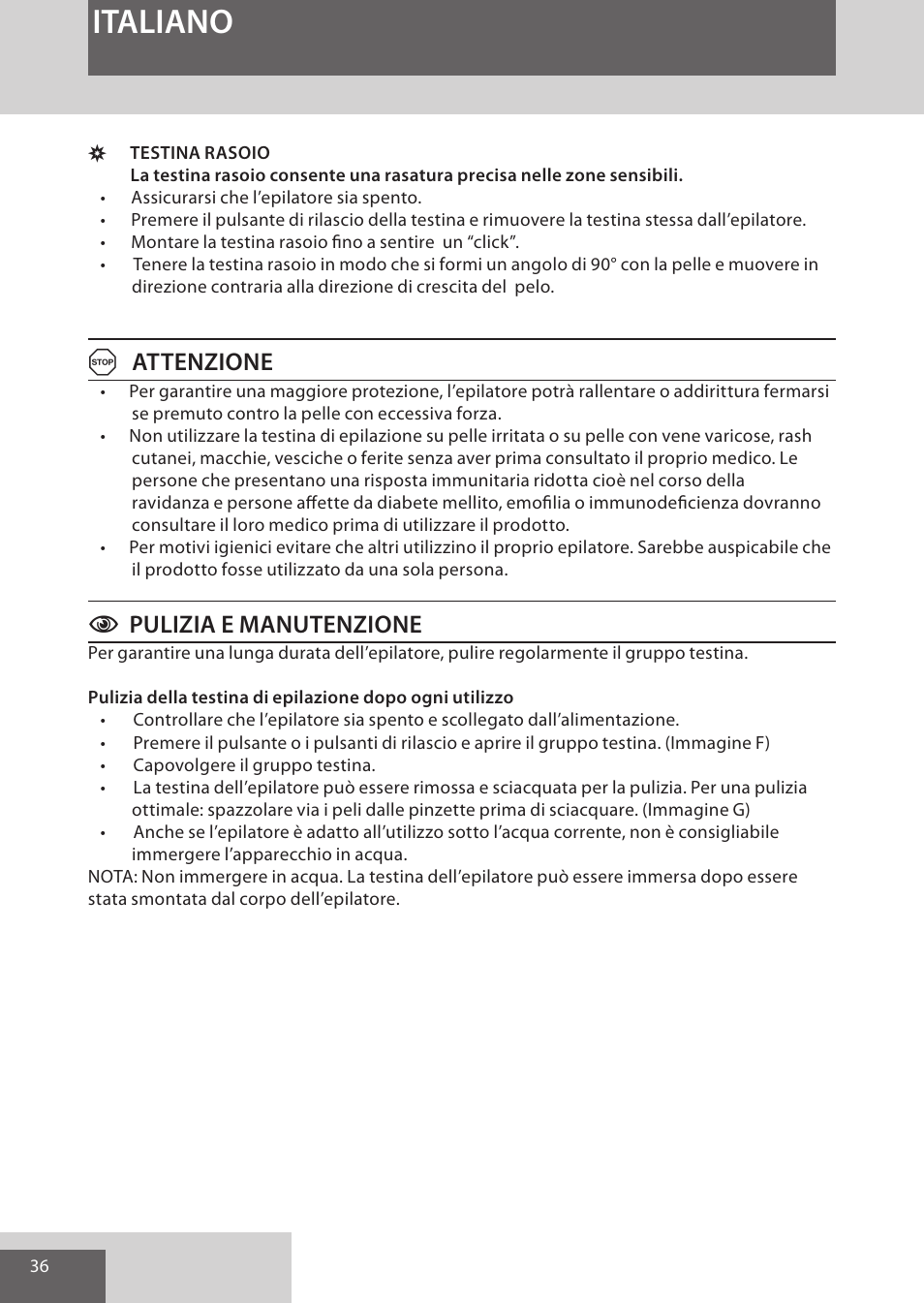 Italiano, Aattenzione, Cpulizia e manutenzione | Remington EP7020 User Manual | Page 36 / 132