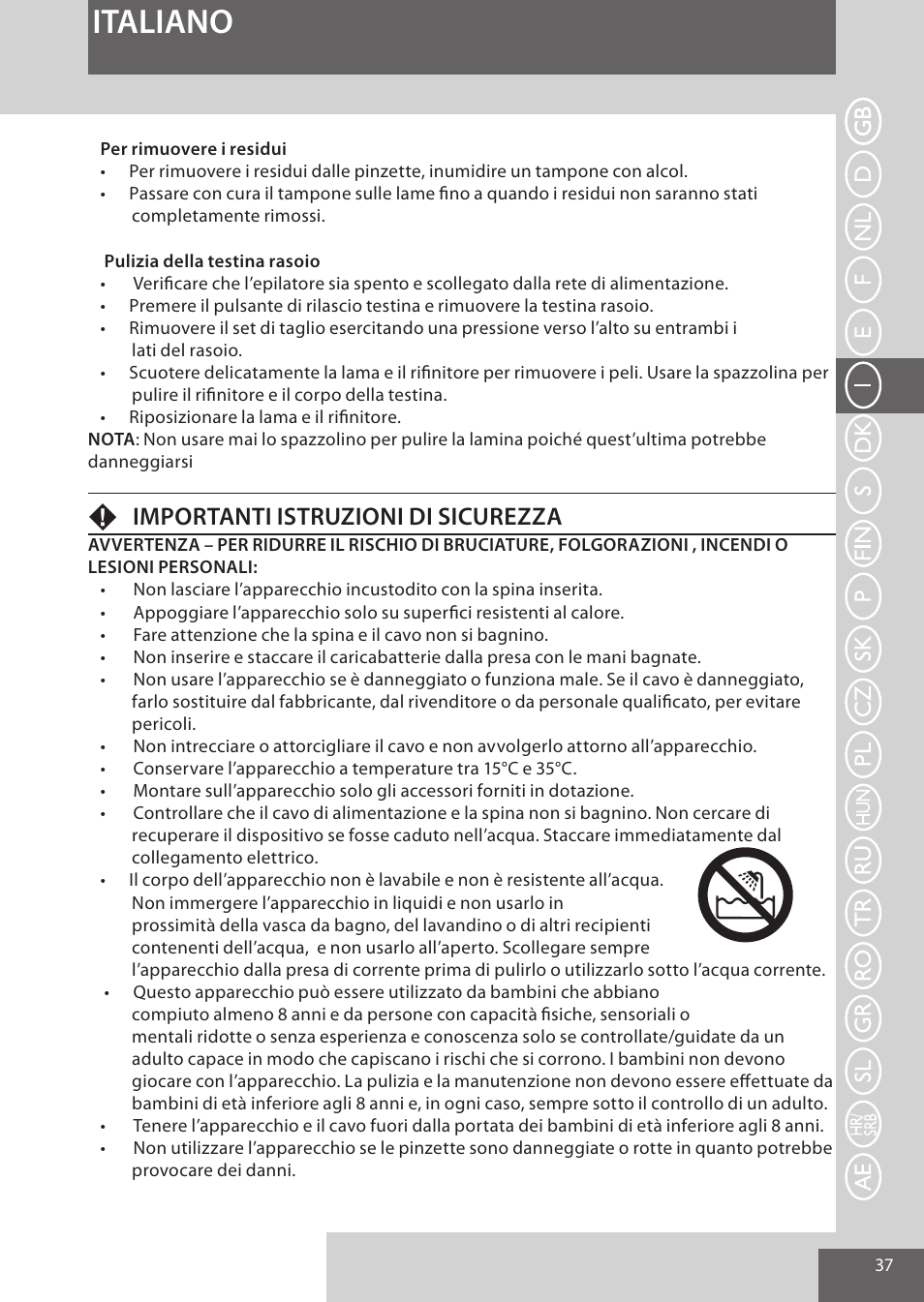 Italiano, Fimportanti istruzioni di sicurezza | Remington EP7020 User Manual | Page 37 / 132