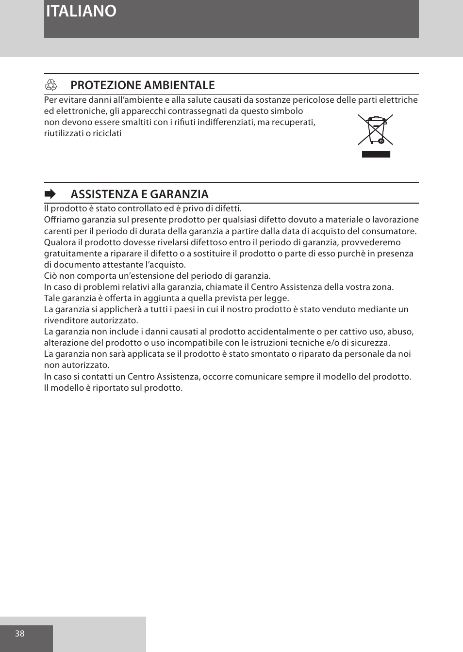 Italiano, Hprotezione ambientale, Eassistenza e garanzia | Remington EP7020 User Manual | Page 38 / 132