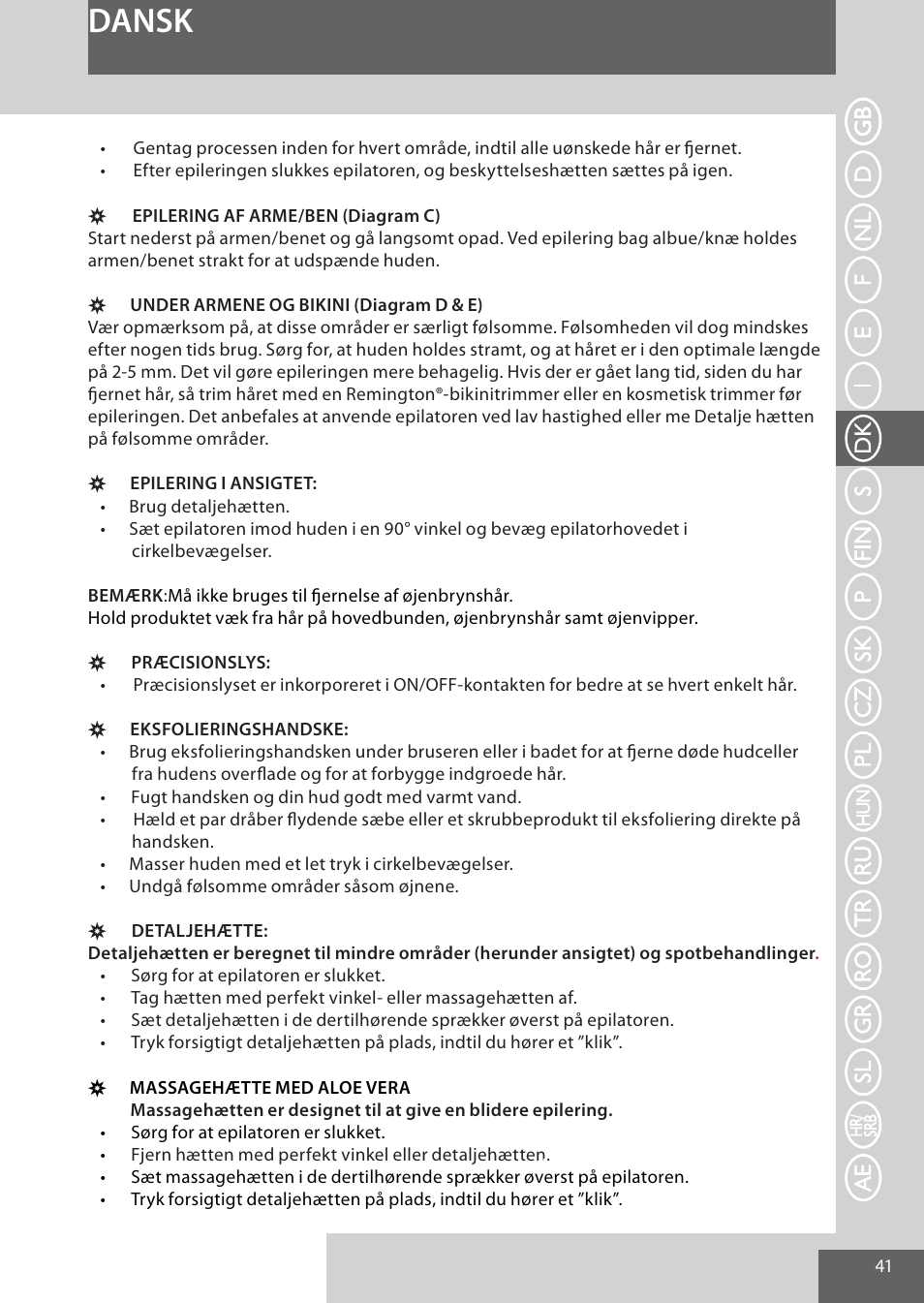 Dansk | Remington EP7020 User Manual | Page 41 / 132