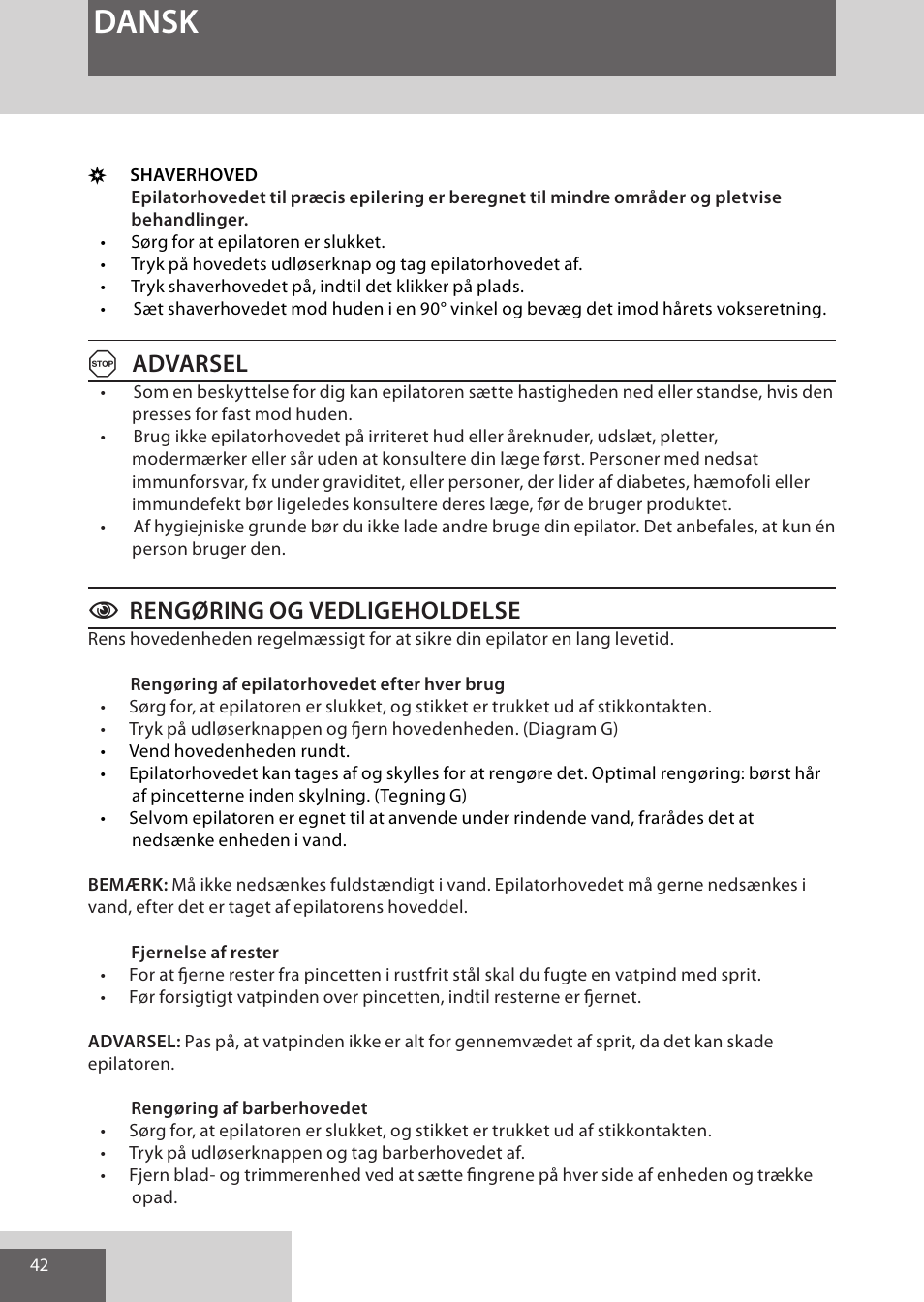 Dansk, Aadvarsel, Crengøring og vedligeholdelse | Remington EP7020 User Manual | Page 42 / 132