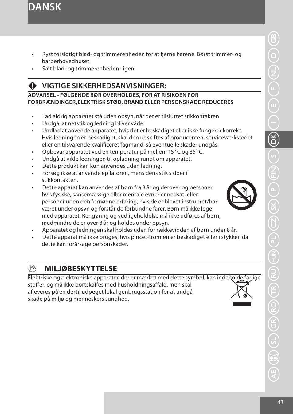 Dansk, Fvigtige sikkerhedsanvisninger, Hmiljøbeskyttelse | Remington EP7020 User Manual | Page 43 / 132