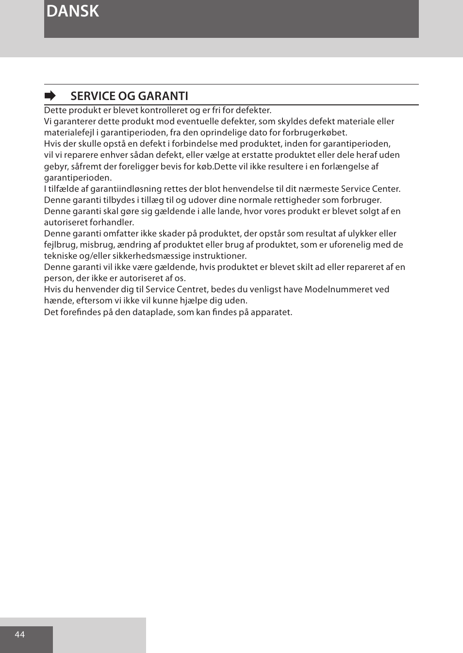 Dansk, Eservice og garanti | Remington EP7020 User Manual | Page 44 / 132