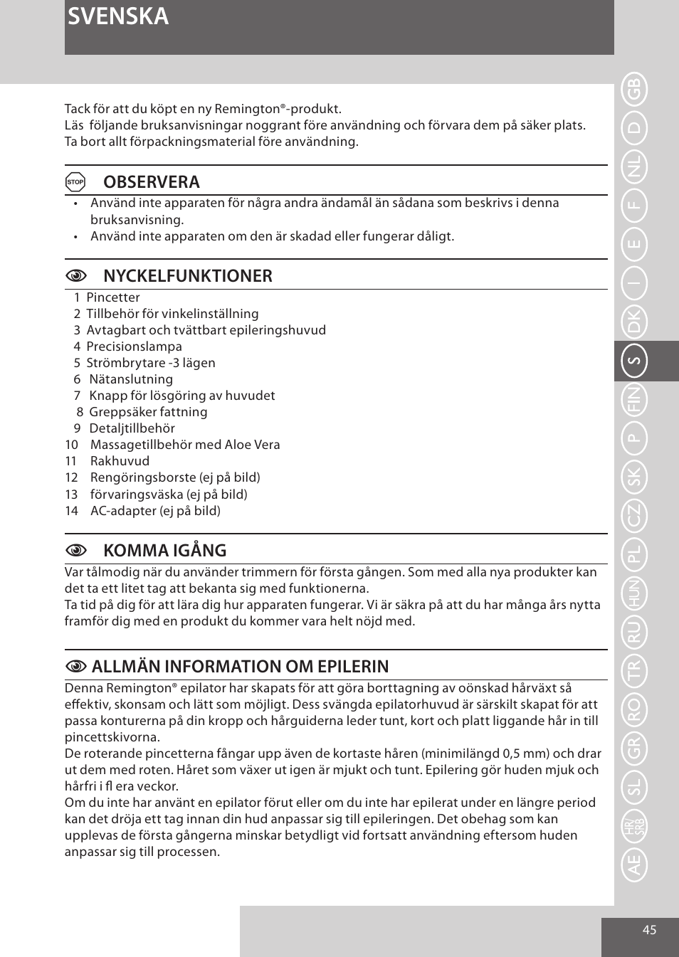 Svenska, Aobservera, Cnyckelfunktioner | Ckomma igång, Callmän information om epilerin | Remington EP7020 User Manual | Page 45 / 132