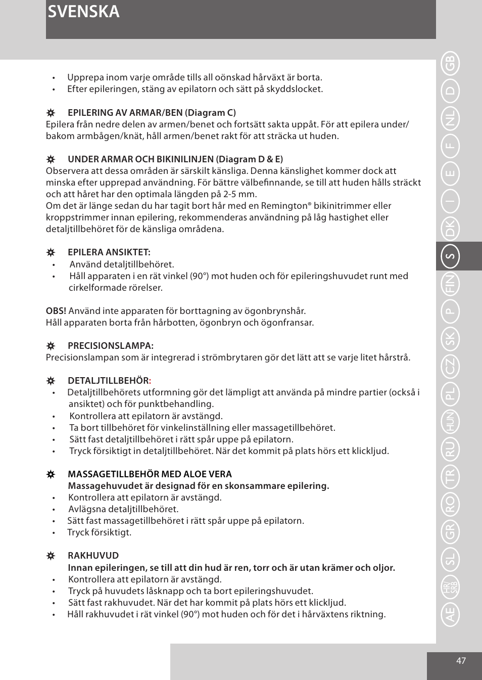 Svenska | Remington EP7020 User Manual | Page 47 / 132