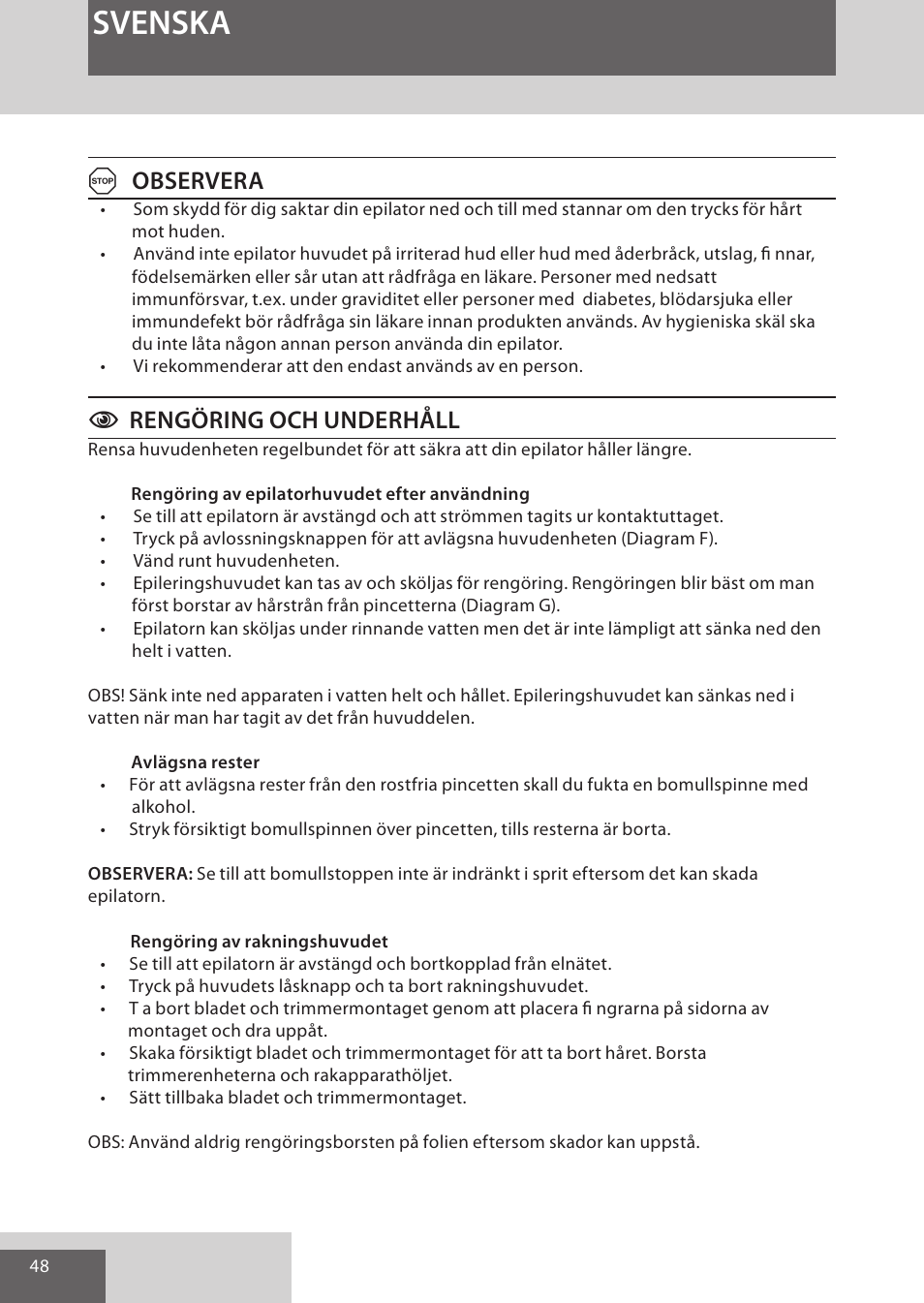 Svenska, Aobservera, Crengöring och underhåll | Remington EP7020 User Manual | Page 48 / 132