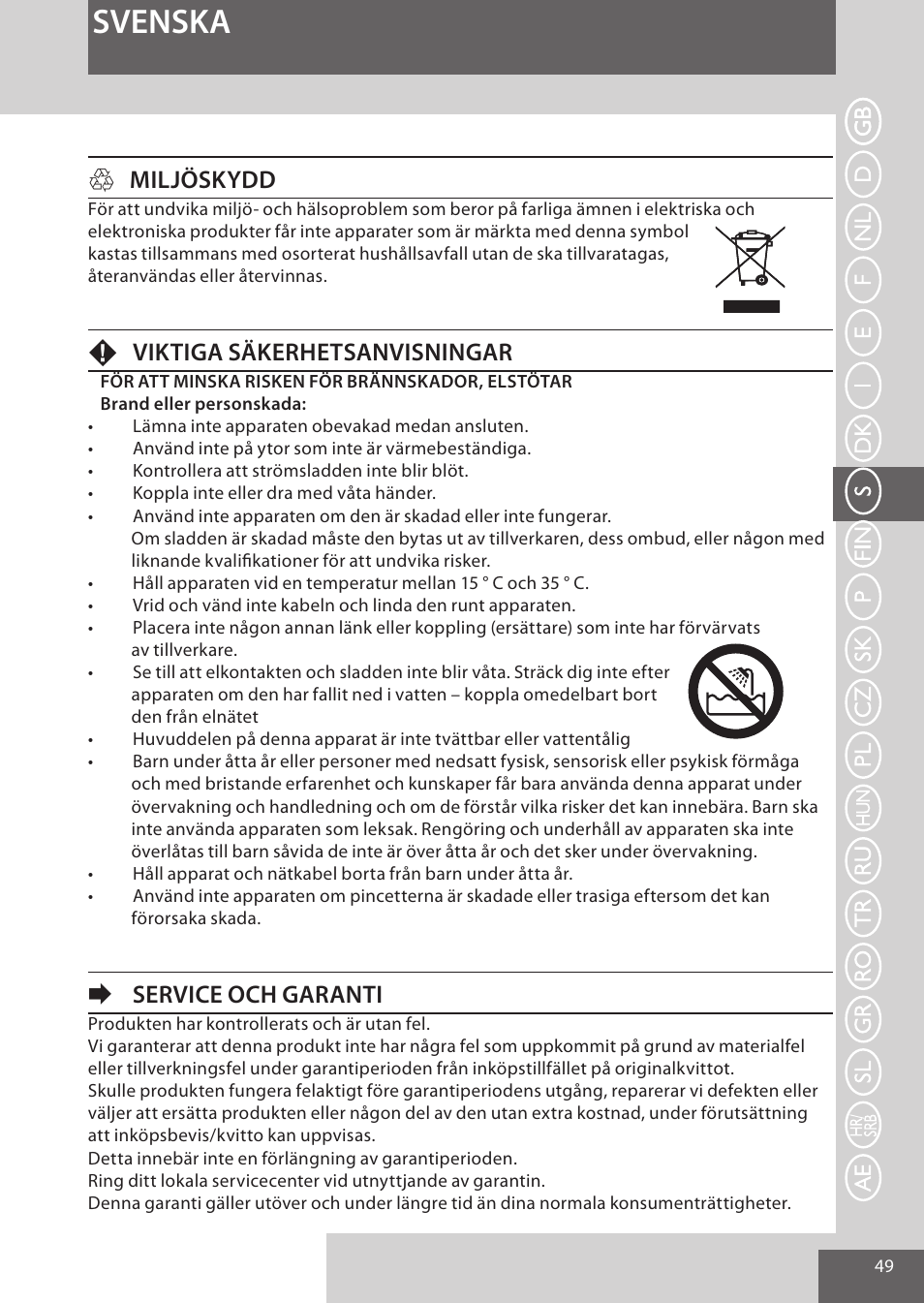 Svenska, Hmiljöskydd, Fviktiga säkerhetsanvisningar | Eservice och garanti | Remington EP7020 User Manual | Page 49 / 132