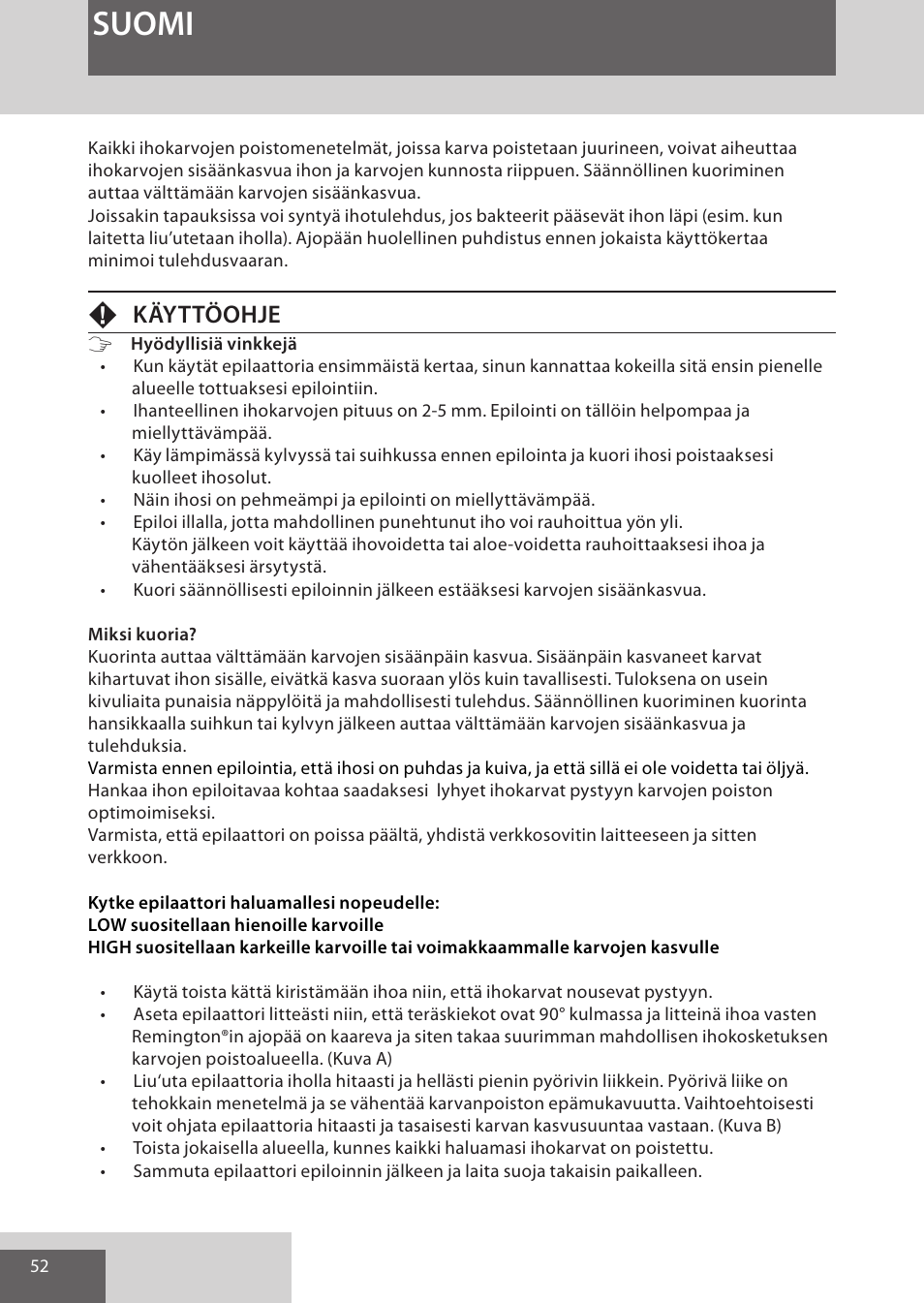 Suomi, Fkäyttöohje | Remington EP7020 User Manual | Page 52 / 132