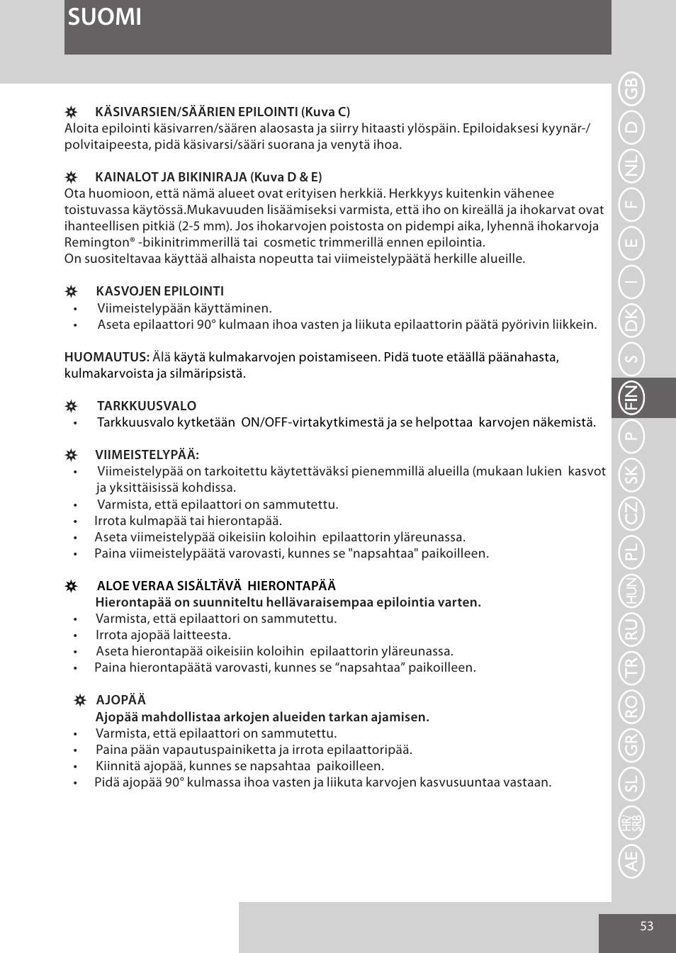Suomi | Remington EP7020 User Manual | Page 53 / 132
