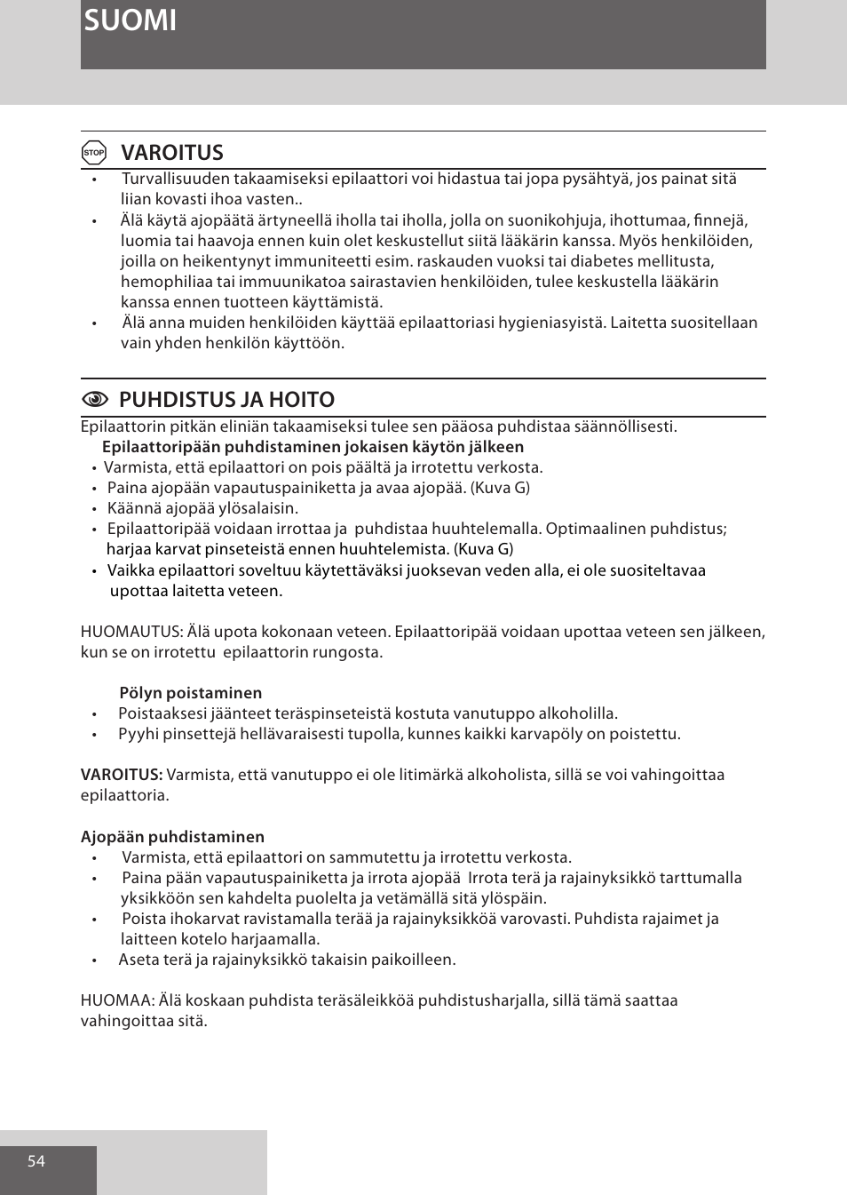 Suomi, Avaroitus, Cpuhdistus ja hoito | Remington EP7020 User Manual | Page 54 / 132