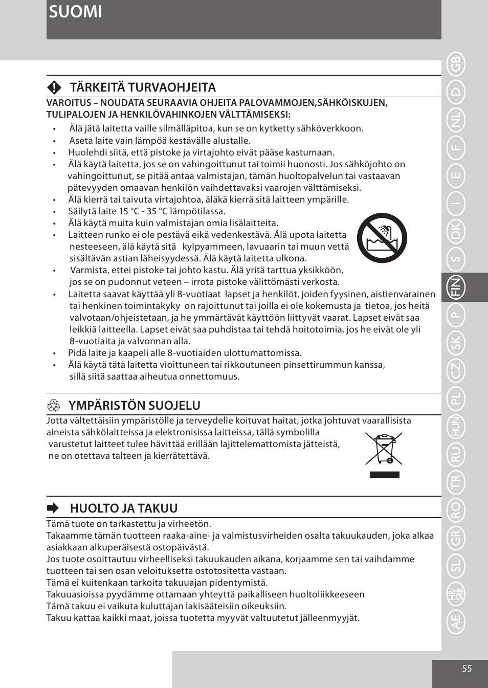 Suomi, Ftärkeitä turvaohjeita, Hympäristön suojelu | Ehuolto ja takuu | Remington EP7020 User Manual | Page 55 / 132
