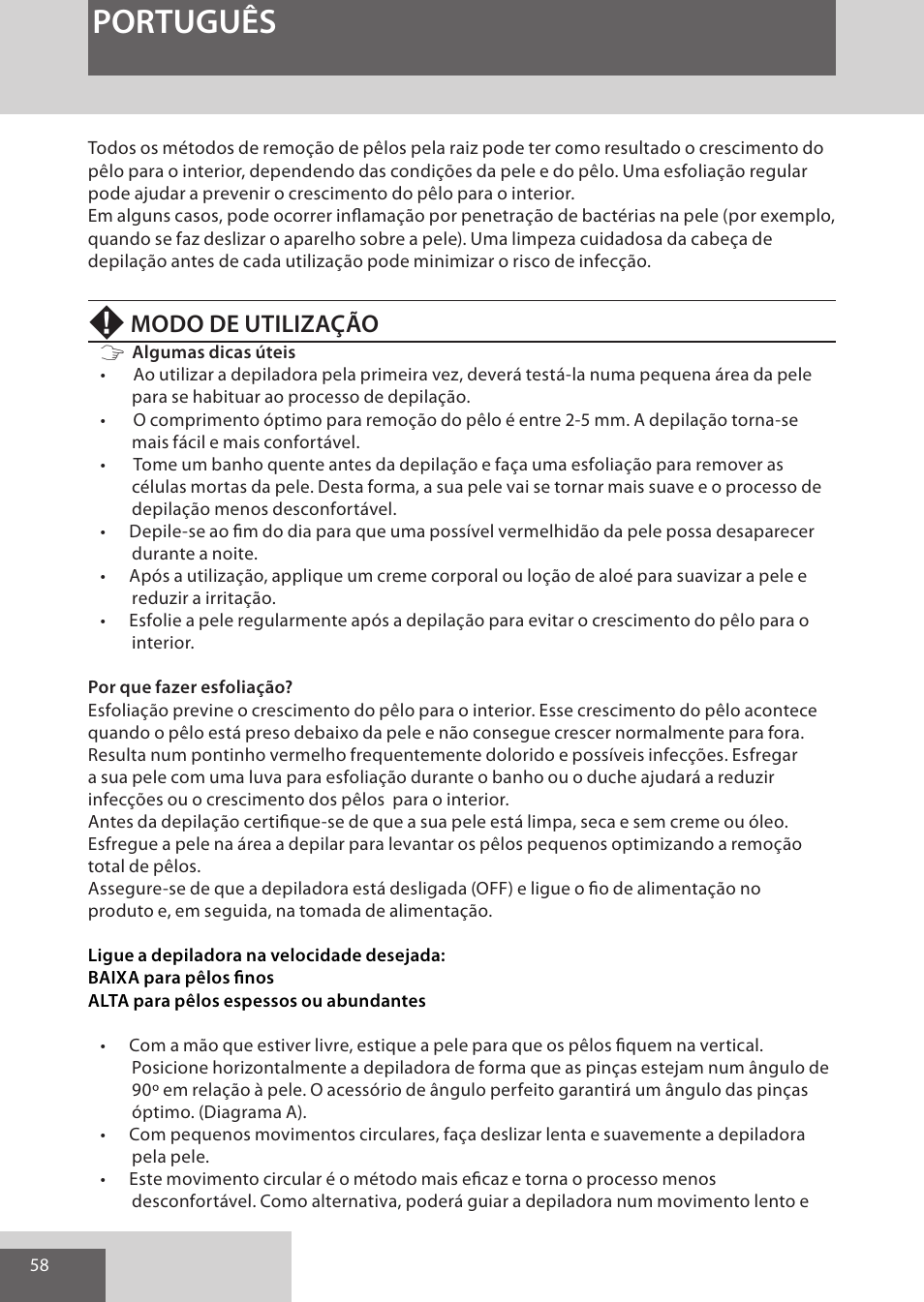 Português, Modo de utilização | Remington EP7020 User Manual | Page 58 / 132