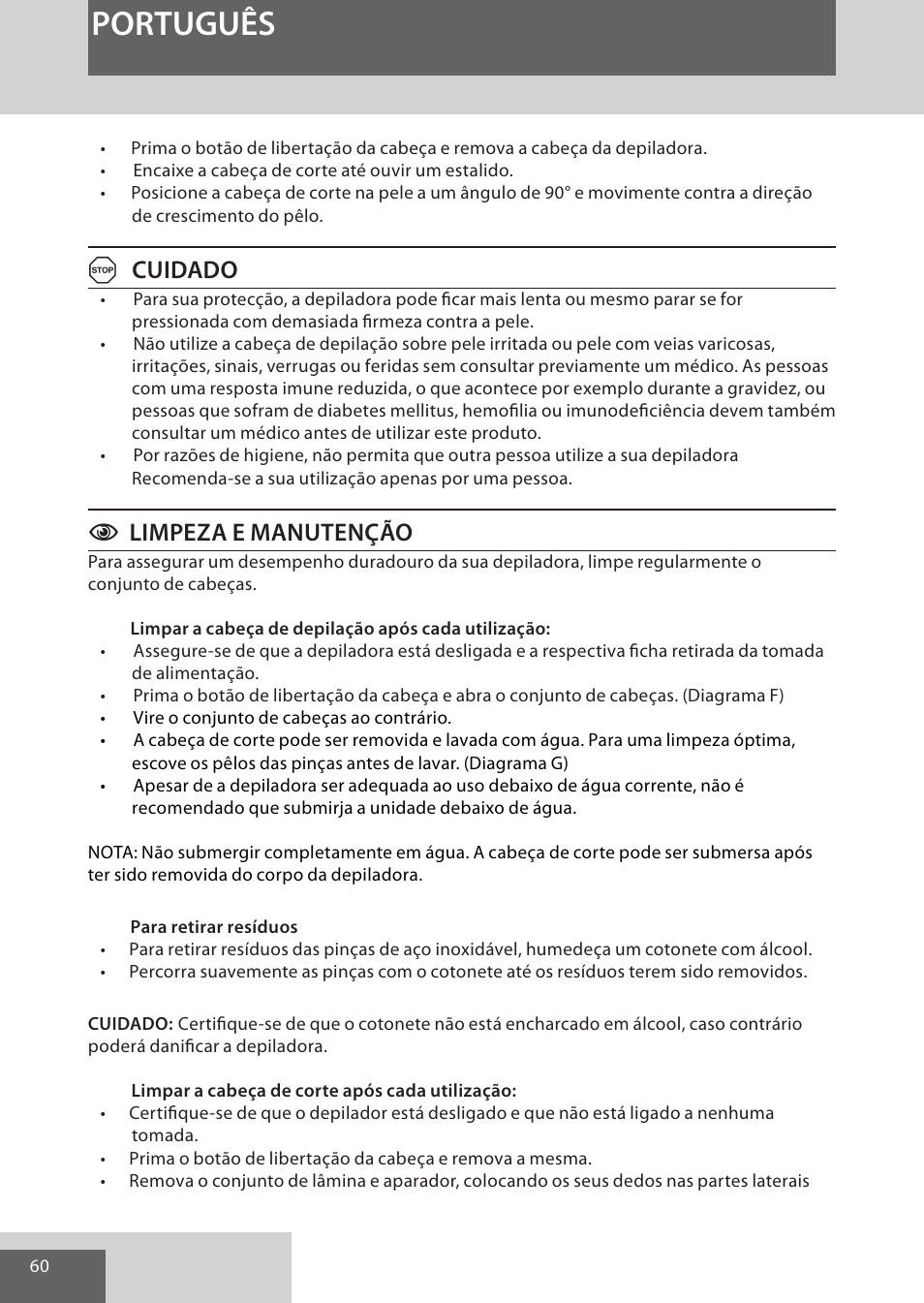 Português, Acuidado, Climpeza e manutenção | Remington EP7020 User Manual | Page 60 / 132