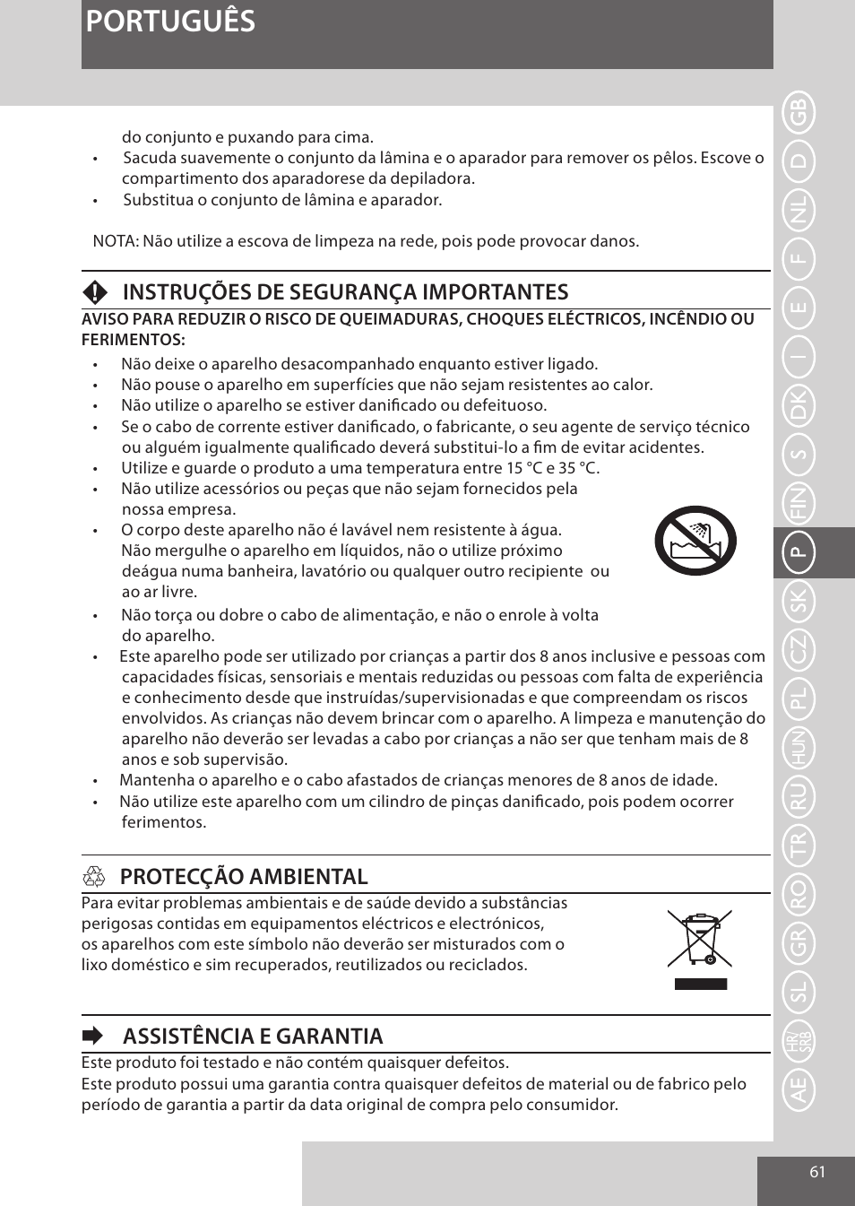 Português, Finstruções de segurança importantes, Hprotecção ambiental | Eassistência e garantia | Remington EP7020 User Manual | Page 61 / 132