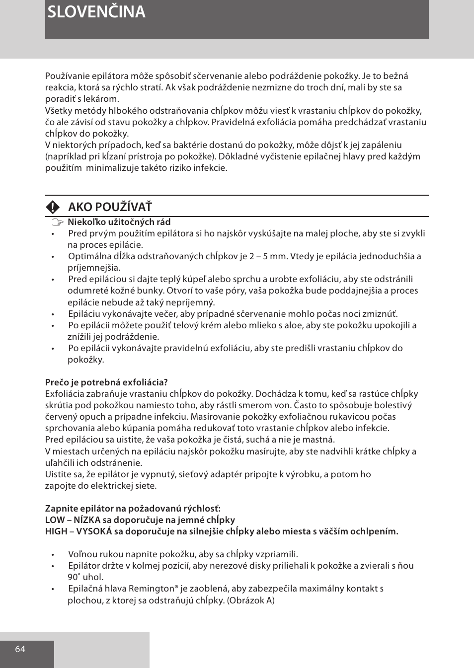 Slovenčina, Fako používať | Remington EP7020 User Manual | Page 64 / 132