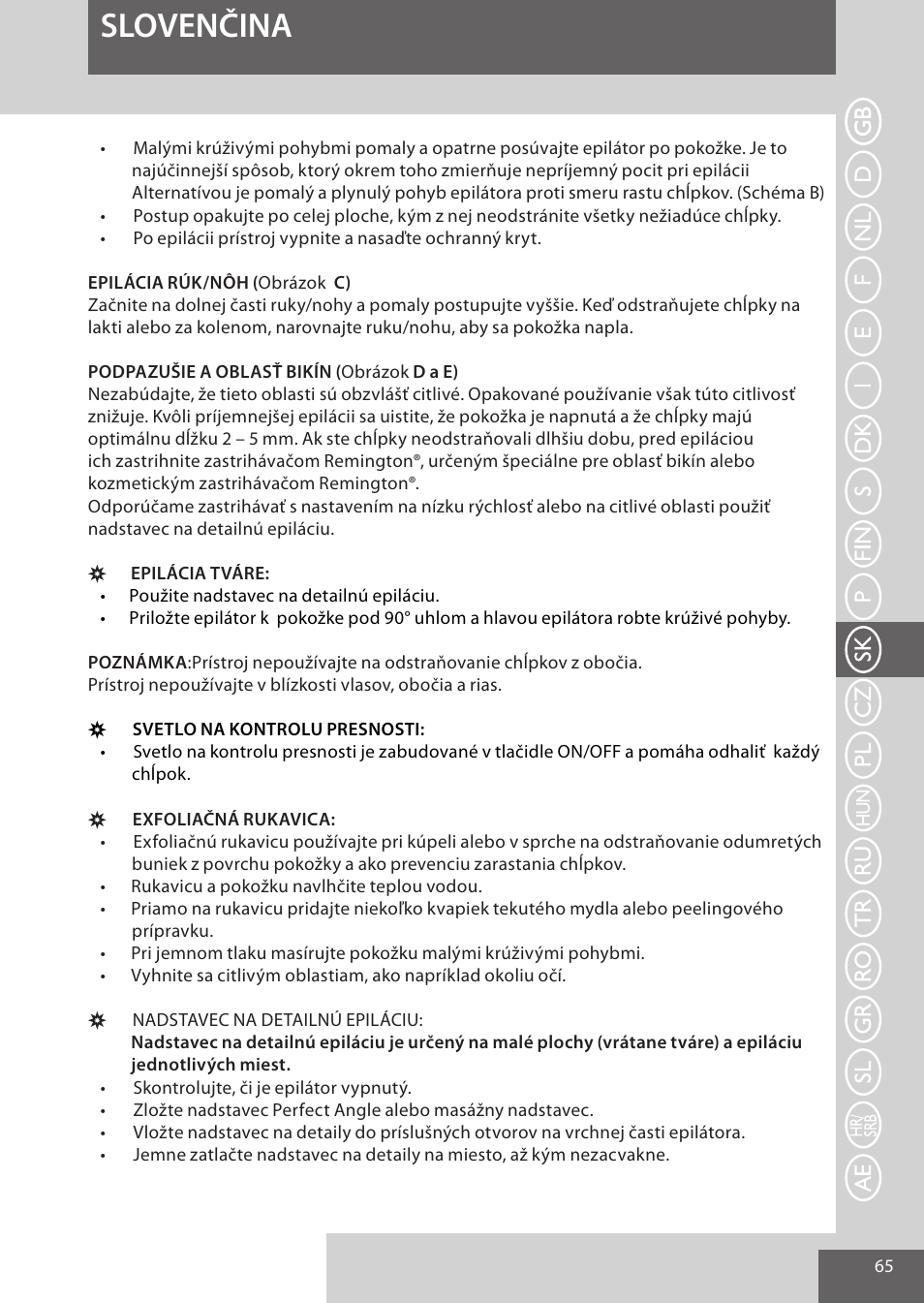 Slovenčina | Remington EP7020 User Manual | Page 65 / 132