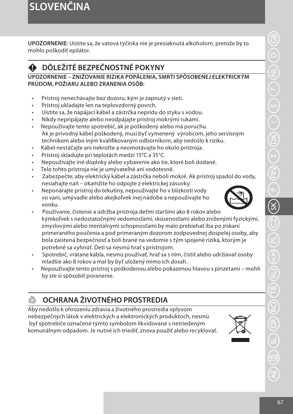 Slovenčina, Fdôležité bezpečnostné pokyny, Hochrana životného prostredia | Remington EP7020 User Manual | Page 67 / 132