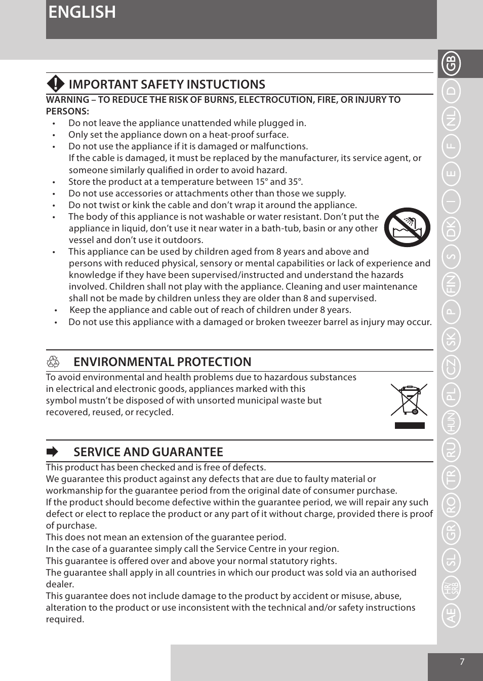 English, Important safety instuctions, Henvironmental protection | Eservice and guarantee | Remington EP7020 User Manual | Page 7 / 132