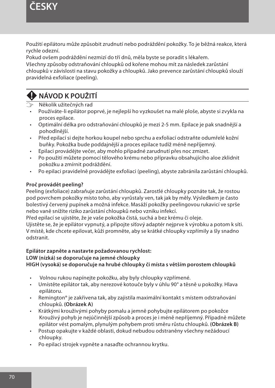 Česky, Návod k použití | Remington EP7020 User Manual | Page 70 / 132
