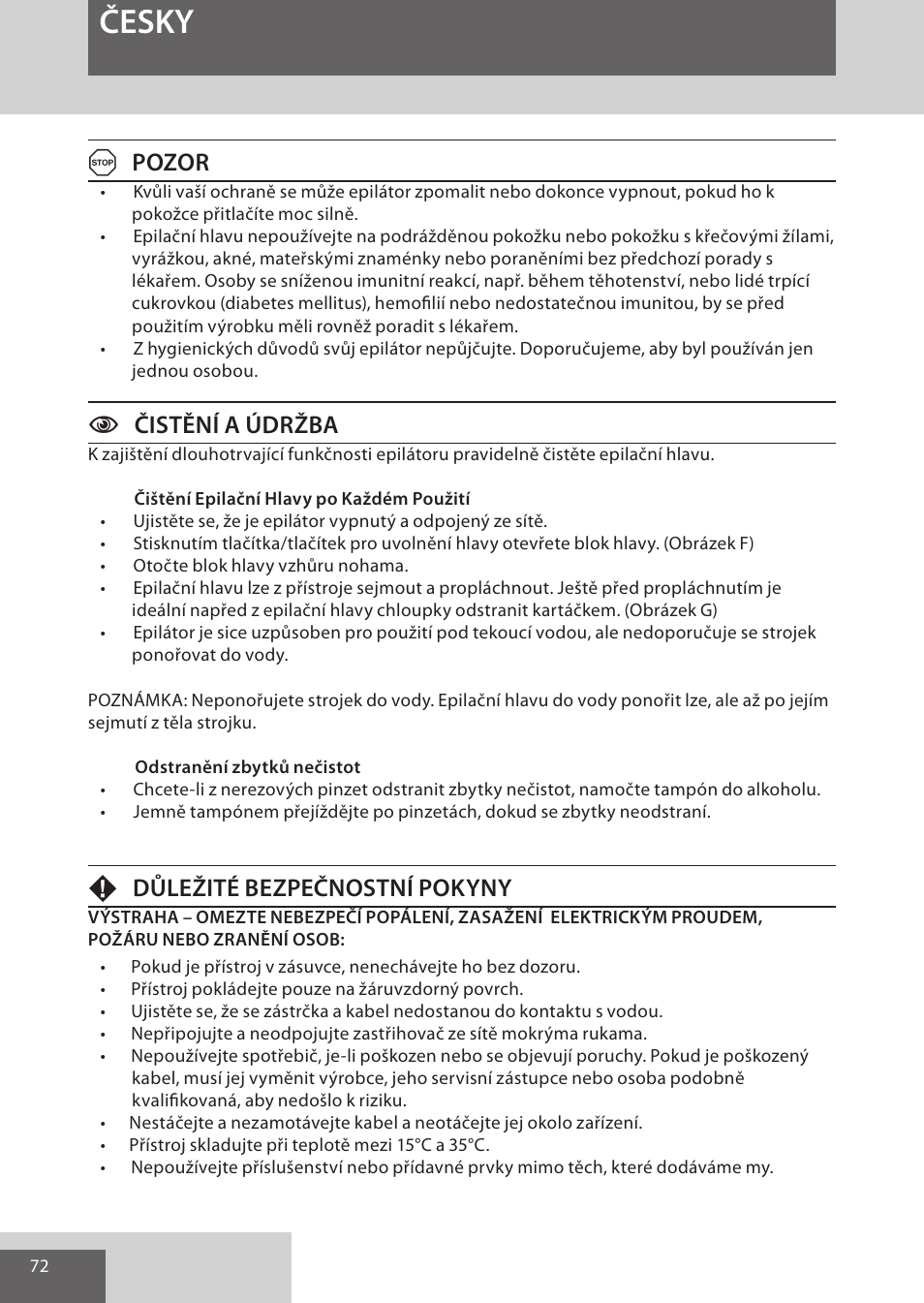 Česky, Apozor, Cčistění a údržba | Fdůležité bezpečnostní pokyny | Remington EP7020 User Manual | Page 72 / 132