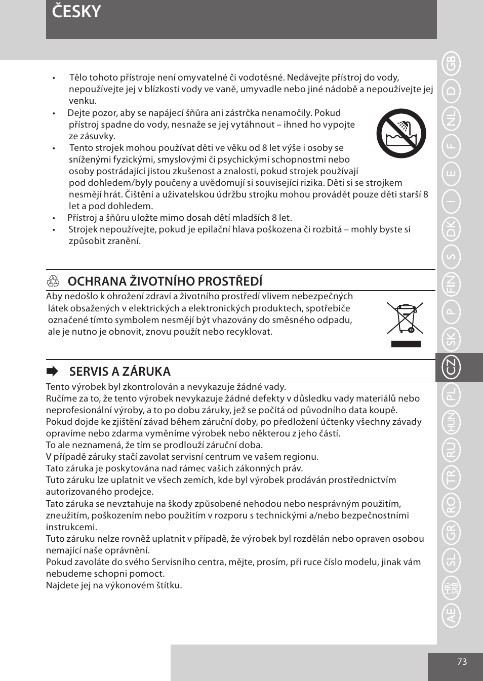 Česky, Hochrana životního prostředí, Eservis a záruka | Remington EP7020 User Manual | Page 73 / 132