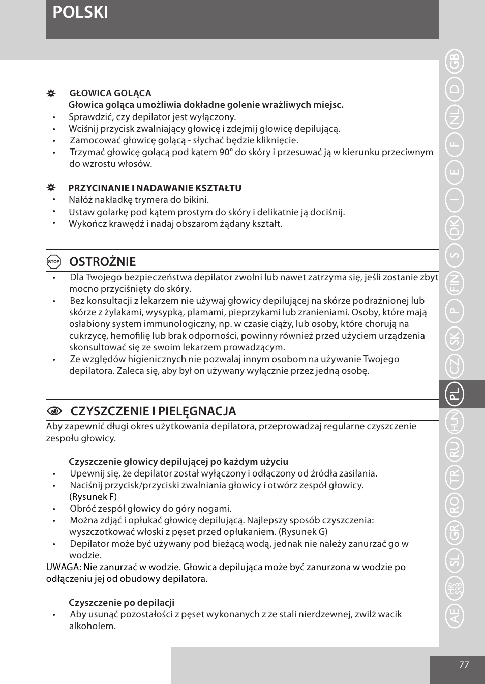 Polski, Aostrożnie, Cczyszczenie i pielęgnacja | Remington EP7020 User Manual | Page 77 / 132